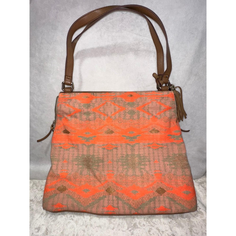 Stella & Dot‎ Aztec Tribal Print Canvas Leather Shoulder Bag Tote Coral Tan